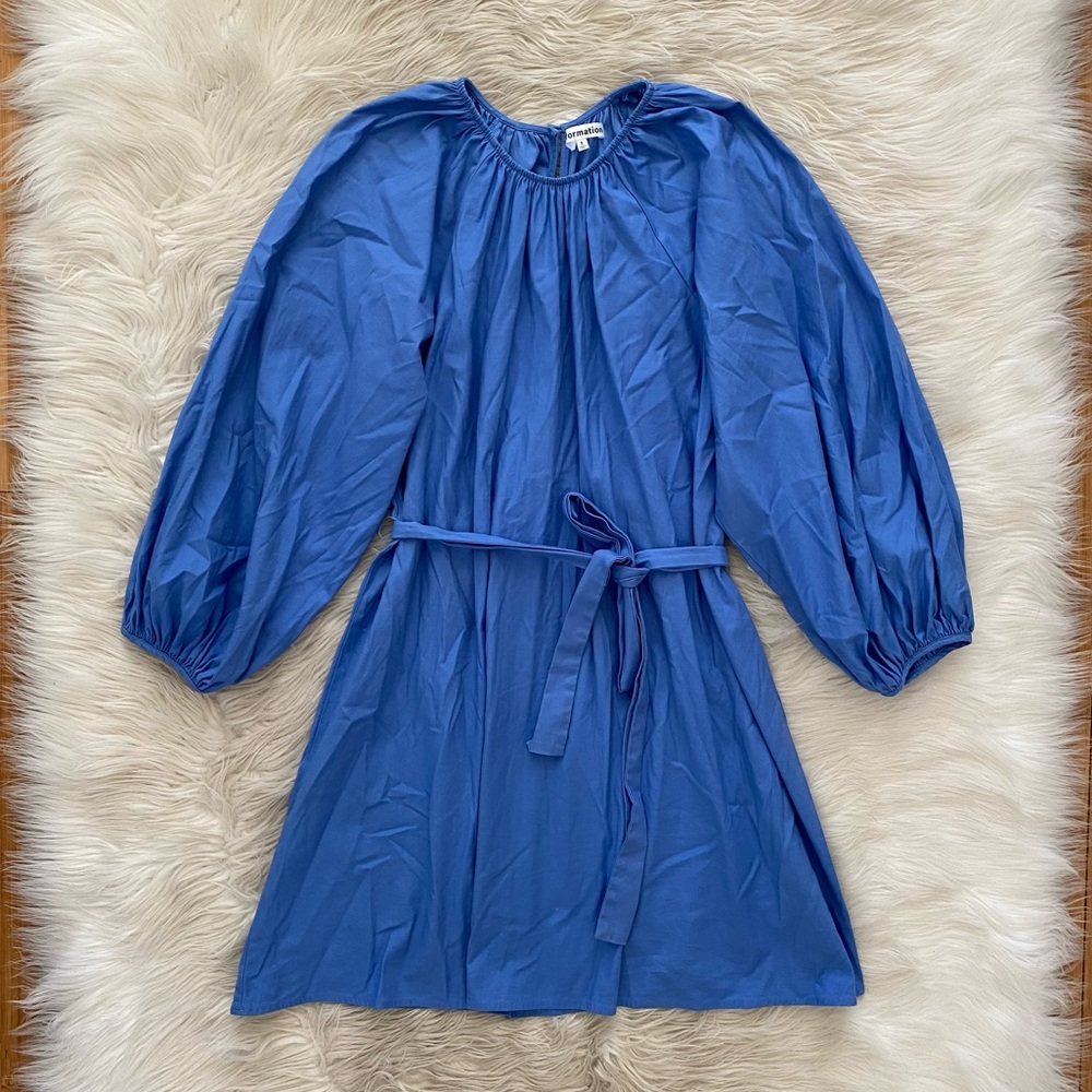 Reformation Blue Dusk Puff Long Sleeve Organic Cotton Belted Waist Rennae Dress - Picture 2 of 13
